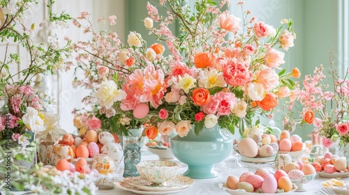 Wallpaper Mural A beautiful spring floral arrangement with pastel flowers, complemented by delicately decorated eggs on a light-colored table setting. Torontodigital.ca