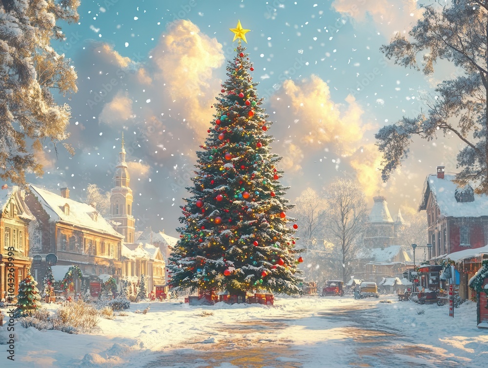 a charming christmas tree stands adorned with colorful ornaments in a festive town square, captured in cartoon style, radiating joy and celebration during the holidays