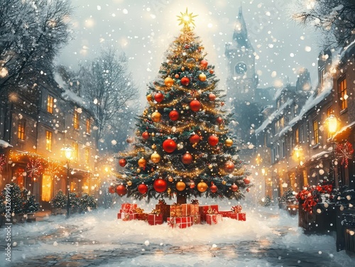 Obraz na płótnie a charming christmas tree stands adorned with colorful ornaments in a festive town square, captured in cartoon style, radiating joy and celebration during the holidays w salonie