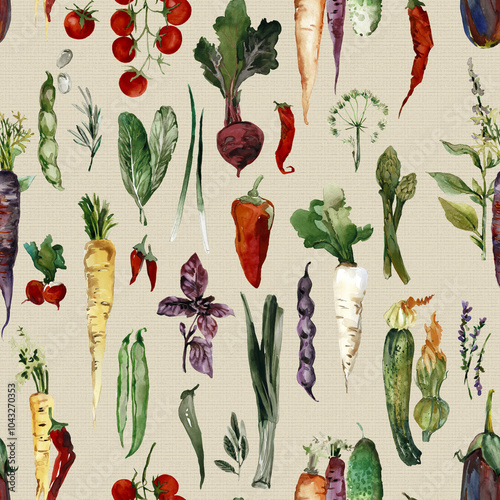 Watercolor seamless pattern of fresh vegetables. fresh and organic ornament perfect for kitchen or market-themed designs 