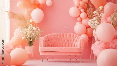 Pink Celebration Room with Balloons and Elegant Sofa