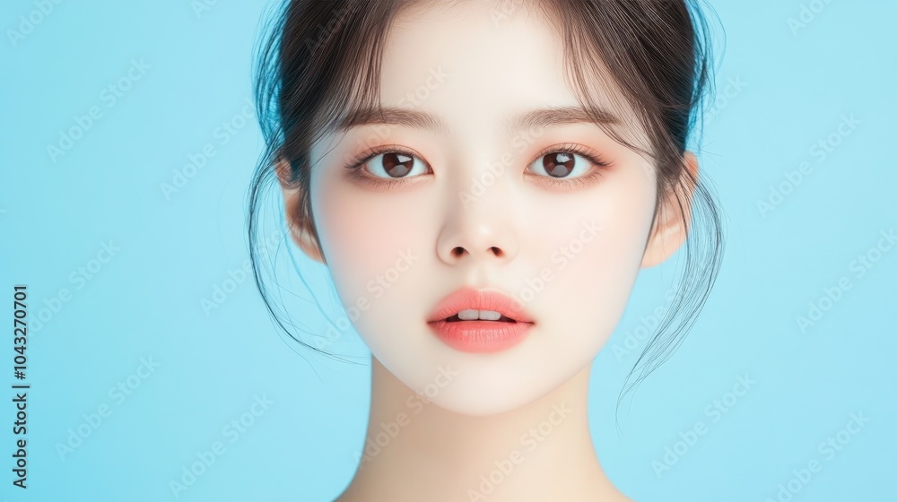 A clear and serene portrait of a young woman with soft features and minimal makeup against a light blue background. A clear and serene portrait of a young woman with soft features and minimal makeup against a light blue background.