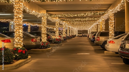 Festive Parking Lot Adorned with Holiday Lights