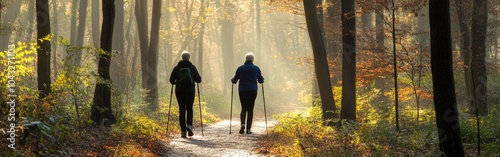 Older people doing Nordic walking exercises