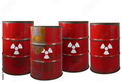 Red barrel with radioactive waste. Nuclear warning sign. Rusty dangerous barrel with radionuclide, hazardous toxins on isolated background photo