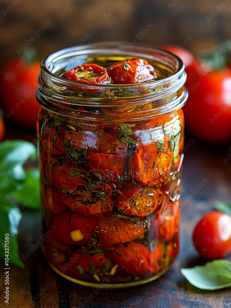 Jar of preserved tomatoes with fresh basil. Jar of preserved tomatoes with fresh basil.