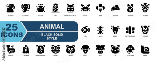 25 icons about animals.solid black style.contains rhinoceros,one horn,frog,chameleon,panda,goat,bull,cat,stingray,snail,owl,hippopotamus,crab.