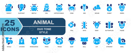 some icons about animals.duo tone blue style.contains parrot,elephant,rabbit,zebra,fish,ants,whale,marine mammal,chicken icons.
