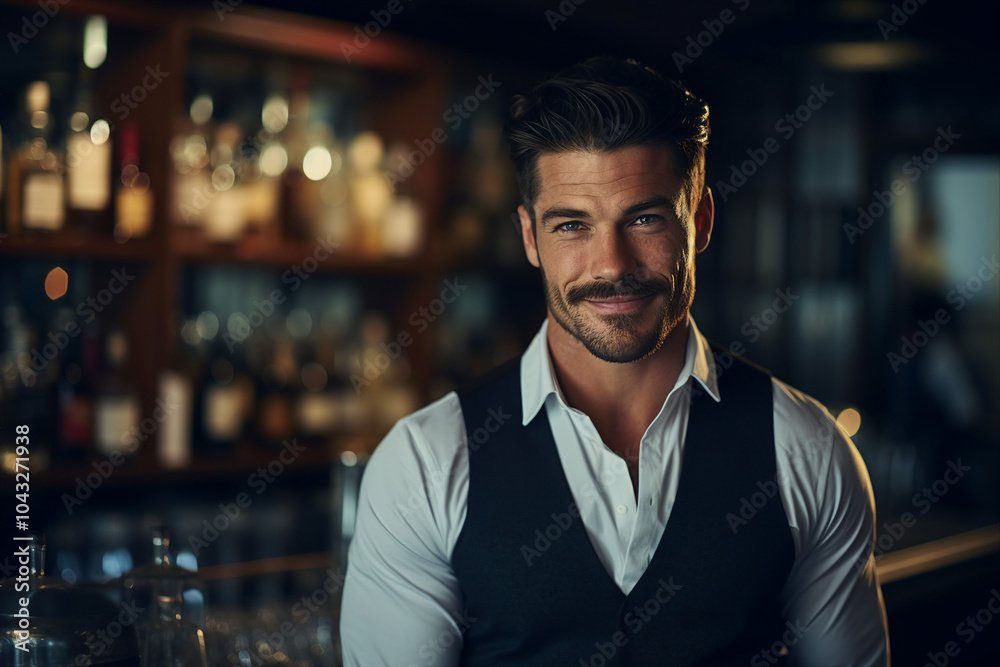 Classic bar pub with professional bartender barkeeper barman, Generative AI illustration photo Classic bar pub with professional bartender barkeeper barman, Generative AI illustration photo