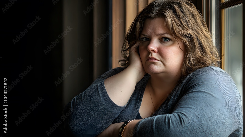 Fototapeta premium Sad obese woman looks while standing by the window. 