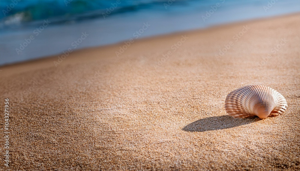 Seashell on sandy beach with soft ocean waves in the background Seashell on sandy beach with soft ocean waves in the background