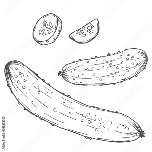 Cucumber hand drawn vector sketch set. Whole cucumber and cucumber slices. Cucumber collection in vector