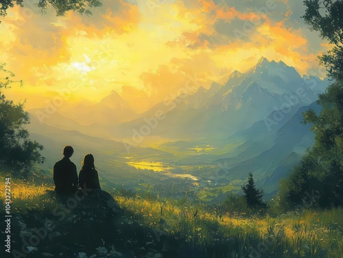 a couple gazes longingly at a distant valley, their connection and shared dreams captured in a serene landscape that evokes feelings of hope and togetherness photo