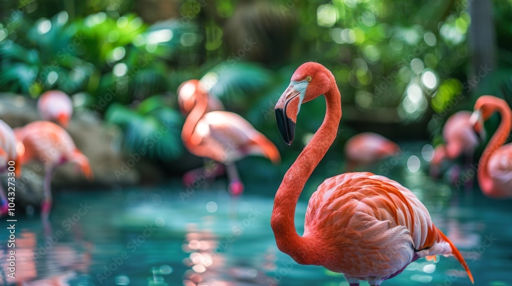 Fototapeta premium A serene image of pink flamingos in a pool, one stands out with distinct posture. Surrounded by exotic plants and stones, showcasing their social nature in a natural habitat.