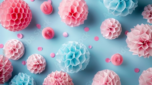 Various pink and blue paper decorations like honeycomb balls, pom poms, and confetti are scattered on a light blue background, creating a gradient effect. photo