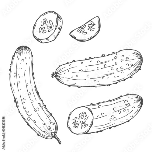Cucumber hand drawn vector sketch set. Whole cucumber and cucumber slices. Cucumber collection in vector