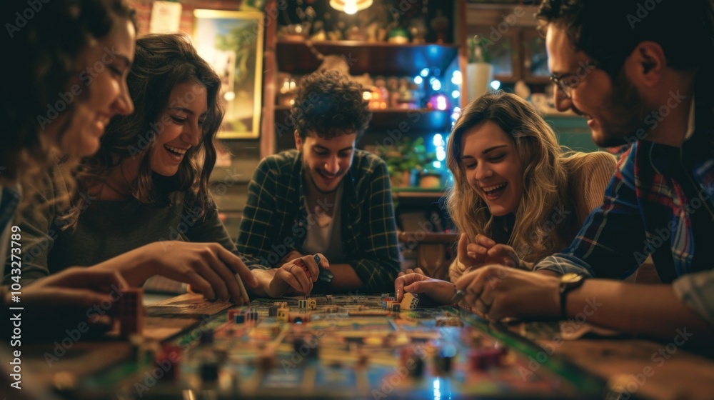 Fototapeta premium 6 friends enjoy a board game in a cozy pub setting with warm lighting and shelves filled with bottles. Casual and relaxed atmosphere with comfortable furniture.