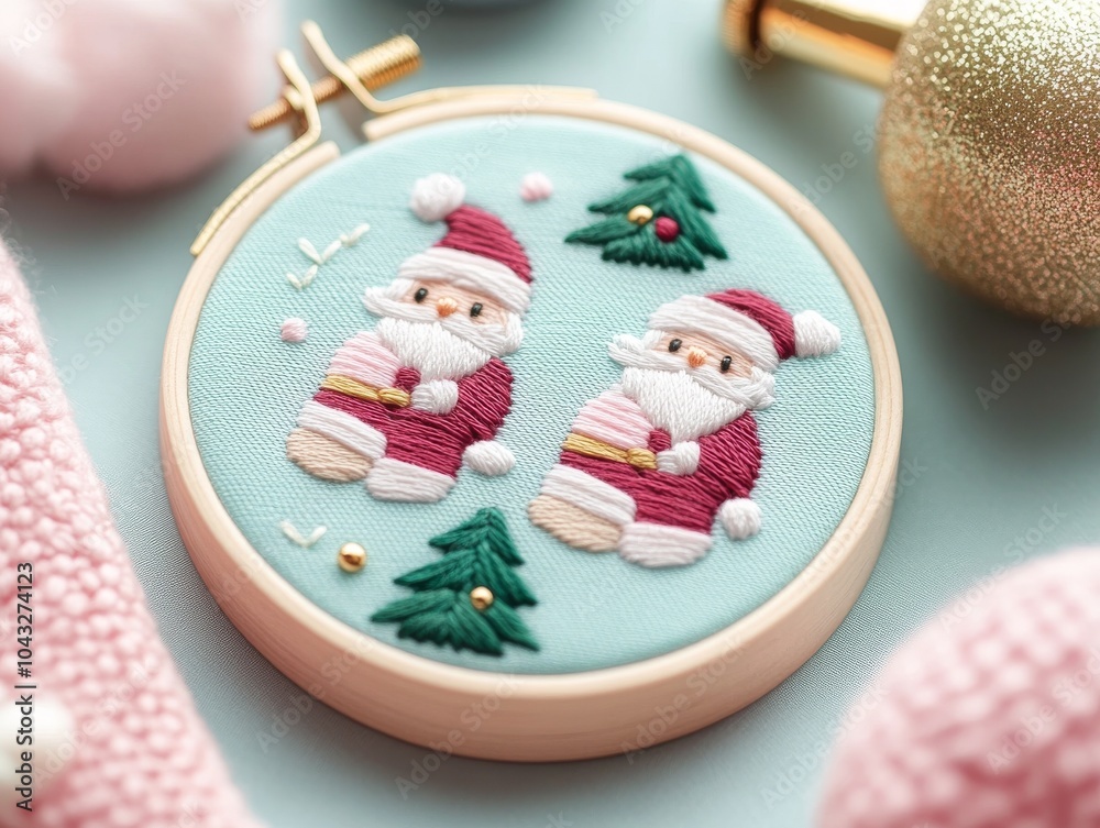 Festive embroidery hoop art featuring two Santa Claus designs with Christmas trees, surrounded by holiday decorations and a cozy atmosphere. Festive embroidery hoop art featuring two Santa Claus designs with Christmas trees, surrounded by holiday decorations and a cozy atmosphere.