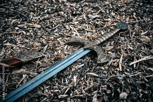 A beautiful medieval sword with a bronze hilt and scabbard lies on a wood chips. photo