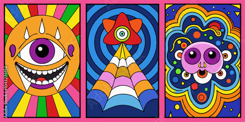 Psychedelic geometric eye art - vibrant abstract designs for posters or cards