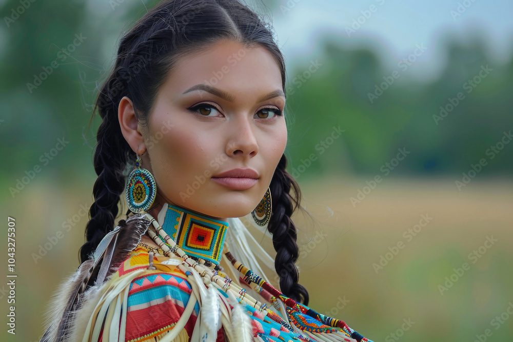 Generative AI image of a Native American person in traditional attire, highlighting the rich cultural heritage and spiritual connection to nature Generative AI image of a Native American person in traditional attire, highlighting the rich cultural heritage and spiritual connection to nature