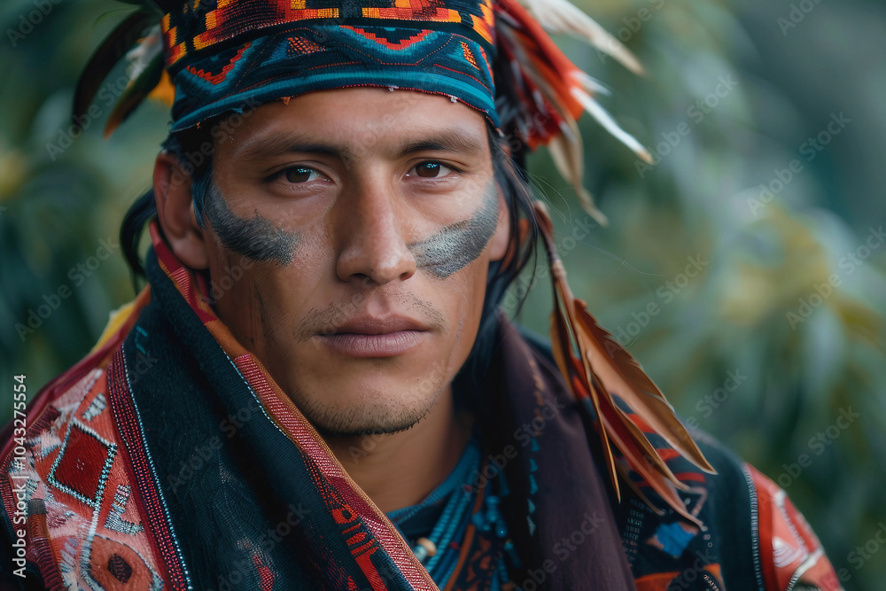 Obraz premium Generative AI image of a Native American person in traditional attire, highlighting the rich cultural heritage and spiritual connection to nature
