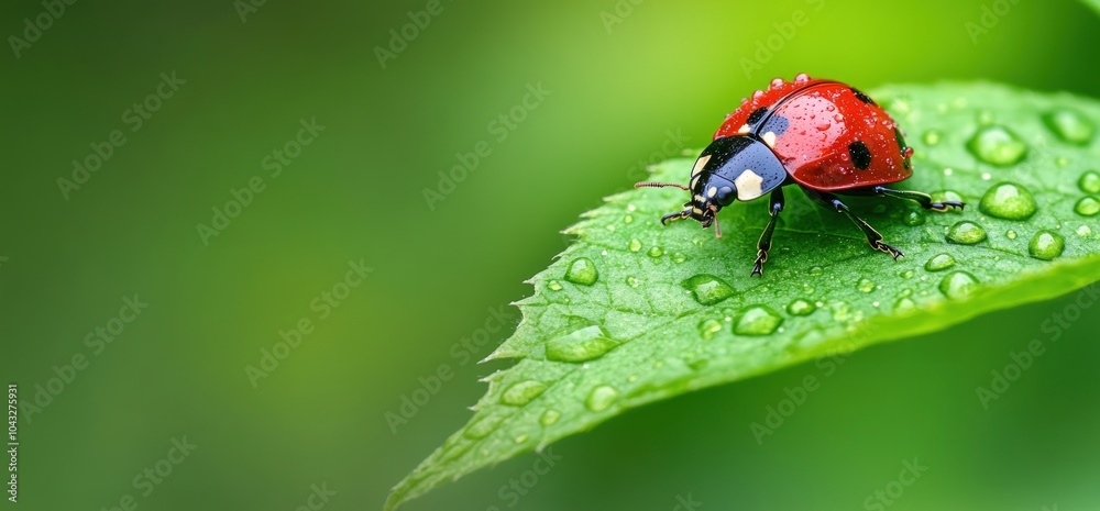 A red ladybug with black spots sits on a green leaf covered in dew drops. A red ladybug with black spots sits on a green leaf covered in dew drops.