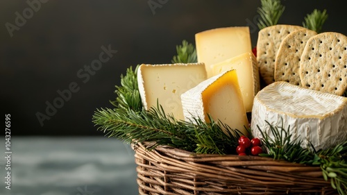 Gift basket for Christmas with assorted cheeses, crackers, elegant and sophisticated holiday presentation.