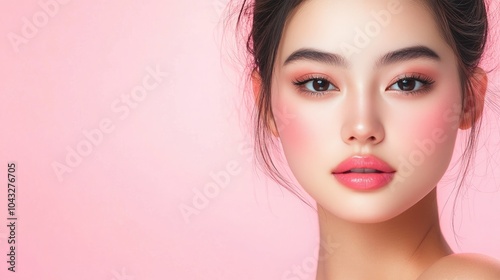 A close-up of a young woman with flawless skin, soft makeup, and a serene expression against a pastel pink background.