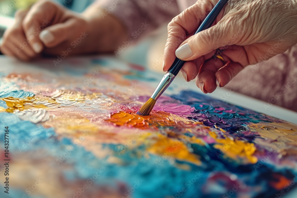 An elderly woman engaged in a painting activity at a care facility, promoting creativity and expression An elderly woman engaged in a painting activity at a care facility, promoting creativity and expression
