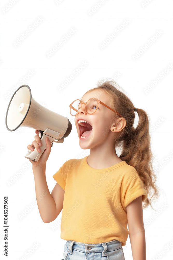 Excited Young Girl Shouting into Megaphone with Enthusiasm and Emotion Excited Young Girl Shouting into Megaphone with Enthusiasm and Emotion