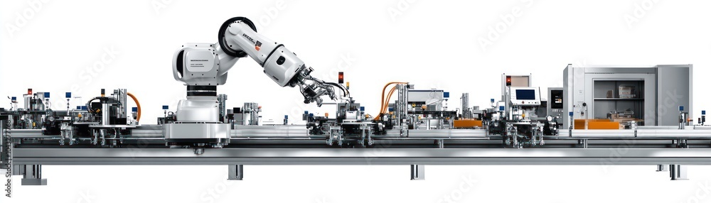 Automated industrial robot arm on a production line with various components. Automated industrial robot arm on a production line with various components.
