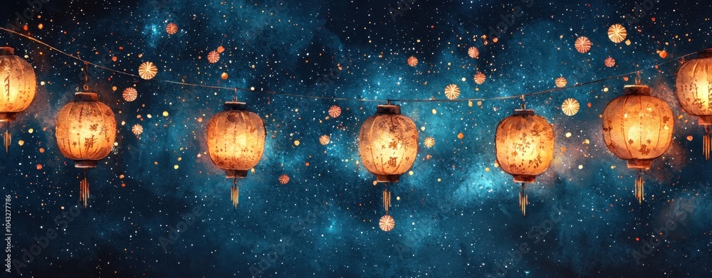 Naklejka premium Happy New Year Celebration Background Concept. A serene night sky filled with glowing lanterns illuminating the darkness and creating a magical atmosphere