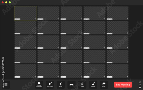 Virtual meeting grid with empty participant screens and muted video tiles in an online workspace setting