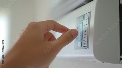 A close-up of a finger pressing the temperature up button on an air conditioner remote, with the AC unit mounted on the wall in the background. --chaos