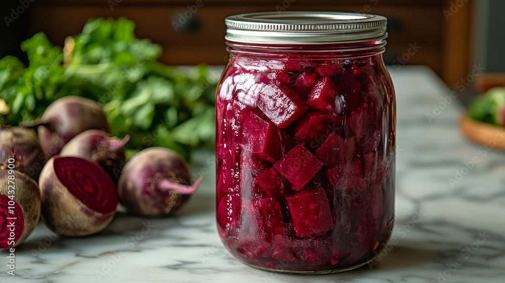 Jar of pickled beets with fresh beets nearby Jar of pickled beets with fresh beets nearby