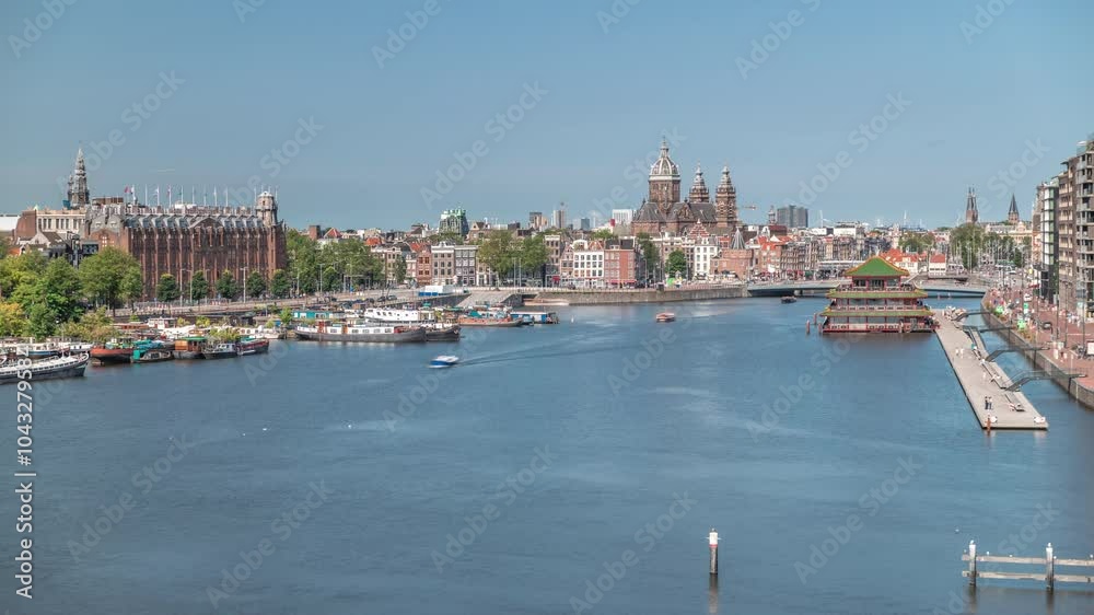 Aerial panorama of a Chinese restaurant in the form of pagoda on the water, set against the backdrop of historical city center buildings and floating boats on a river timelapse. Amsterdam, Netherlands Aerial panorama of a Chinese restaurant in the form of pagoda on the water, set against the backdrop of historical city center buildings and floating boats on a river timelapse. Amsterdam, Netherlands