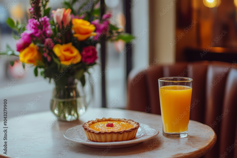 A beautiful table setting featuring a delicious tart and a refreshing glass of orange juice. Bright flowers add charm. Perfect for brunch moments. Generative AI A beautiful table setting featuring a delicious tart and a refreshing glass of orange juice. Bright flowers add charm. Perfect for brunch moments. Generative AI
