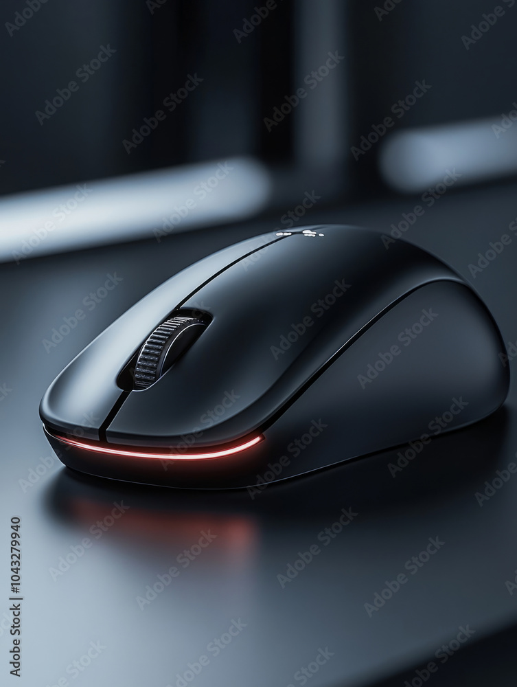 Sleek black wireless mouse on modern desk. Sleek black wireless mouse on modern desk.