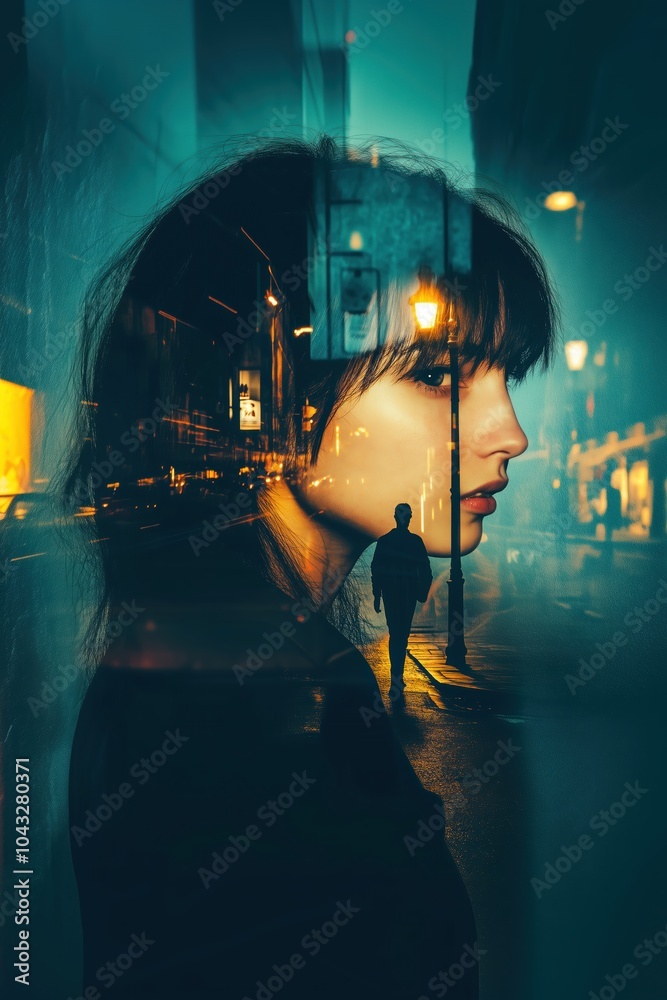 Moody Double Exposure of Woman’s Face Blended with Dimly Lit Urban Street Scene, Silhouetted Figure, and Neon Glow Moody Double Exposure of Woman’s Face Blended with Dimly Lit Urban Street Scene, Silhouetted Figure, and Neon Glow