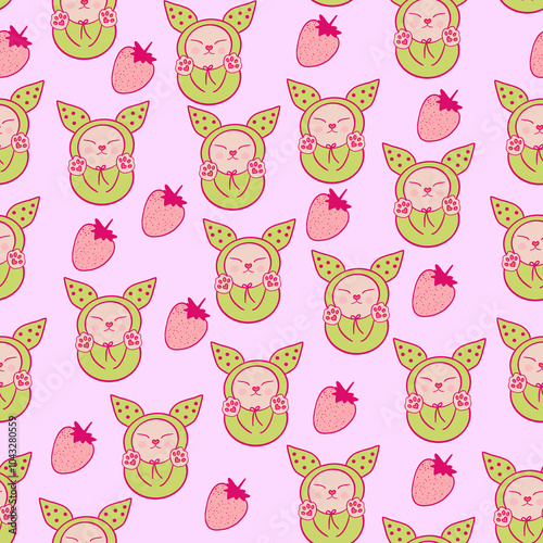 cute cat and strawberry .Seamless Pattern. hand drawn for fabric, wrapping, textile, wallpaper, apparel. Vector illustration.
