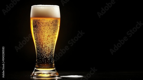 Beer glass filled with fresh lager on a black background, foam head spilling slightly, highlighting the vibrant color of the drink. --chaos