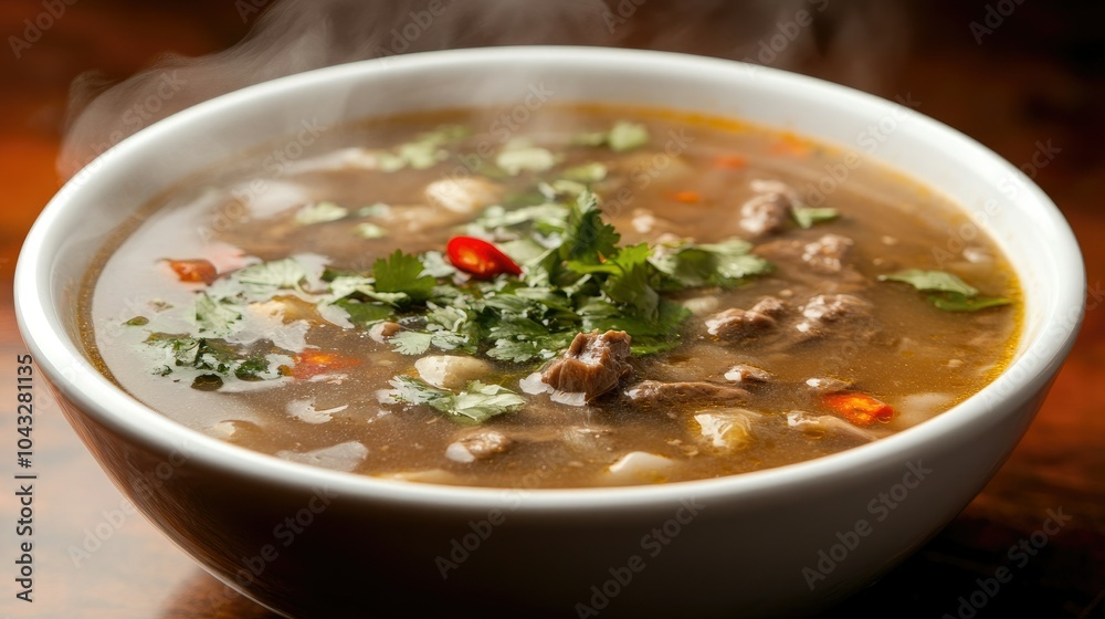 Bowl of Pho Bo soup with beef, garnished with fresh herbs and chili peppers, with steam rising from the aromatic broth. --chaos Bowl of Pho Bo soup with beef, garnished with fresh herbs and chili peppers, with steam rising from the aromatic broth. --chaos