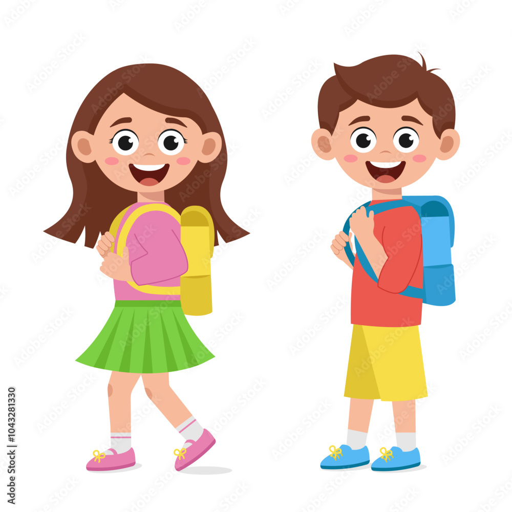 Schoolchildren boys and girls with backpacks go to school. Back to school. Schoolchildren boys and girls with backpacks go to school. Back to school.