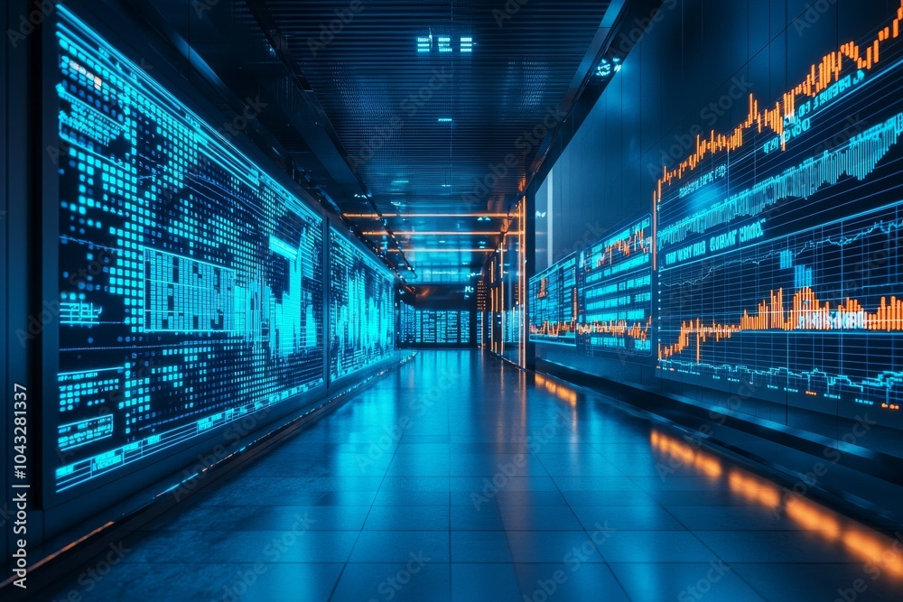 Futuristic digital corridor with glowing data charts and graphs on screens, symbolizing technology and information flow. Futuristic digital corridor with glowing data charts and graphs on screens, symbolizing technology and information flow.