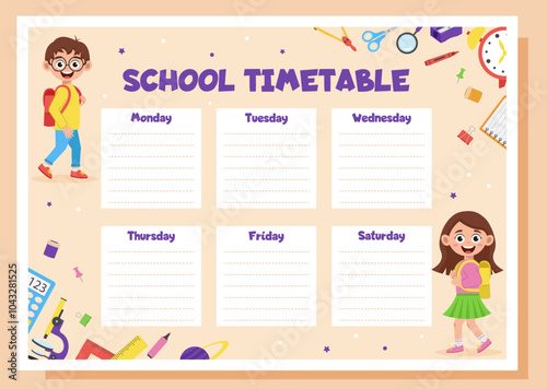 School timetable, lesson schedule and organizer template. Study weekly planner with school supplies and schoolchildren.