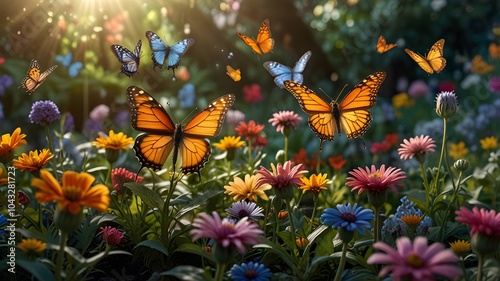Butterflies flutter over a vibrant field of flowers, revealing mythical creatures in a magical garden under the sunlight 