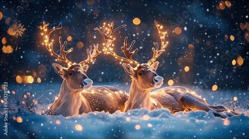 Santa's reindeer resting in a snowy field at dusk, with their antlers decorated in Christmas lights and snowflakes falling gently.