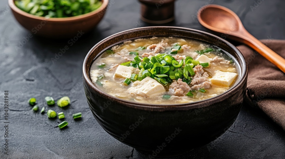 Clear soup with egg tofu, minced pork, and chopped green onions, served with a wooden spoon on a dark table. --chaos Clear soup with egg tofu, minced pork, and chopped green onions, served with a wooden spoon on a dark table. --chaos