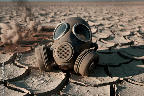 A gas mask rests on cracked, dry earth, highlighting environmental degradation and the impact of pollution or war on ecosystems. photo